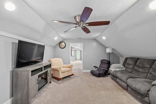28 Sandy Ridge Rd, Sterling, MA 01564 - living room with lofted ceiling, baseboards, light carpet, and a ceiling fan
