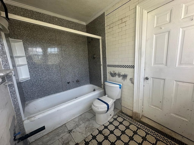 91-93 Mulberry St, Springfield, MA 01105 - bathroom with tile walls, ornamental molding, washtub / shower combination, and toilet