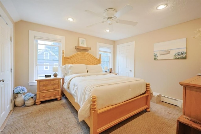 43 Thompson St, Maynard, MA 01754 - bedroom featuring a baseboard heating unit, light carpet, recessed lighting, and ceiling fan