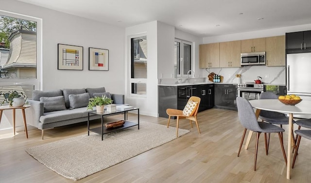 kitchen featuring light countertops, decorative backsplash, appliances with stainless steel finishes, a sink, and light wood-type flooring