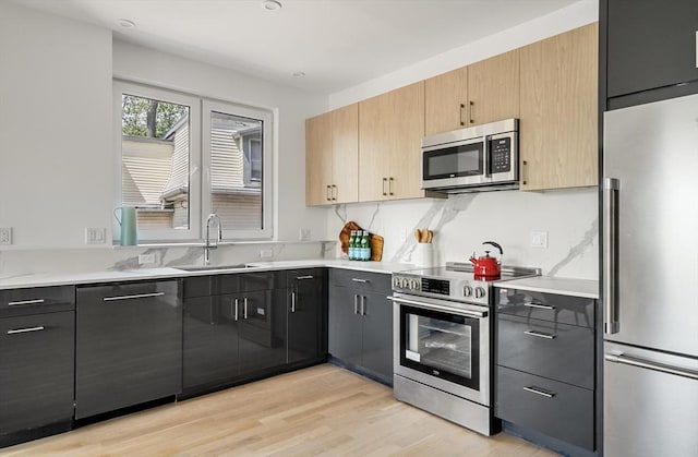 kitchen featuring stainless steel appliances, a sink, light countertops, light wood finished floors, and tasteful backsplash