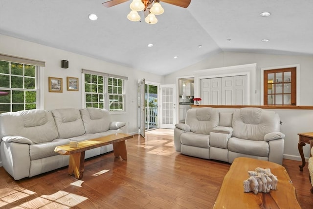 132 Biscayne St, Leominster, MA 01453 - living room featuring vaulted ceiling, ceiling fan, healthy amount of natural light, wood finished floors, and recessed lighting