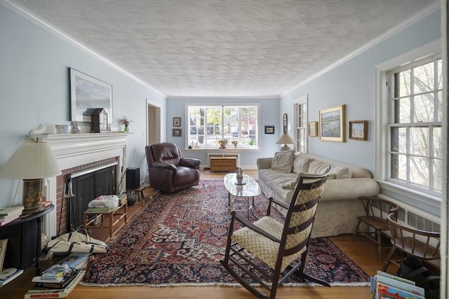 living area featuring wood finished floors, a fireplace, crown molding, and a textured ceiling