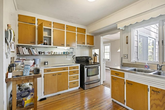 kitchen with stainless steel electric stove, light wood-style floors, ornamental molding, light countertops, and a sink