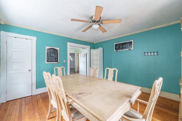 dining space with ceiling fan, light hardwood / wood-style flooring, and crown molding