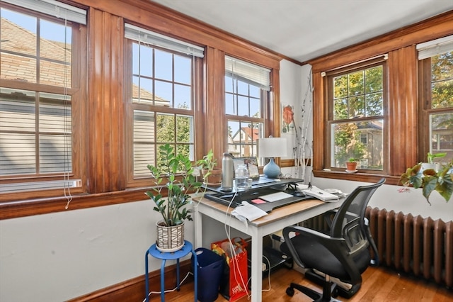 home office featuring wood-type flooring and radiator heating unit