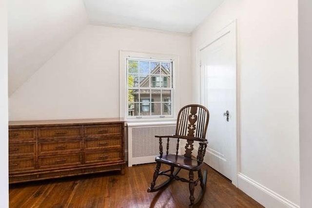 sitting room with lofted ceiling, radiator, and dark wood-type flooring