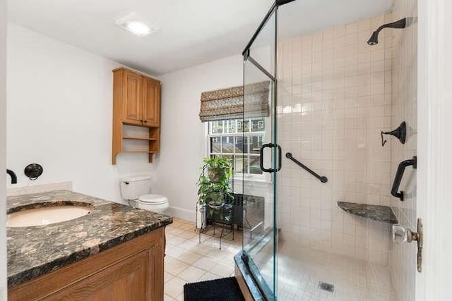 bathroom with vanity, a stall shower, and toilet