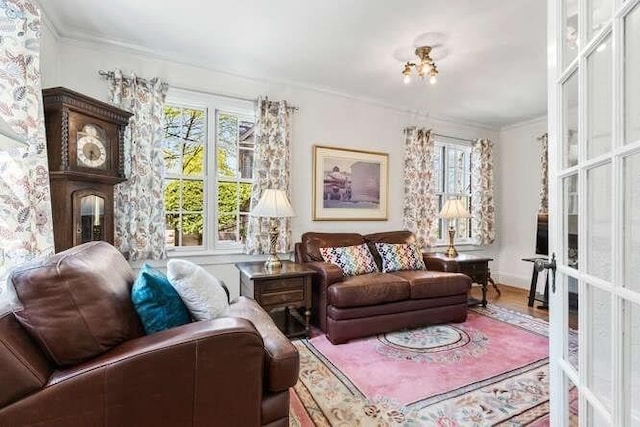 living area with ornamental molding and wood finished floors