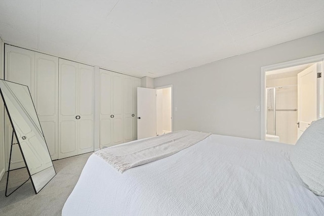 bedroom with two closets, light carpet, and ensuite bath