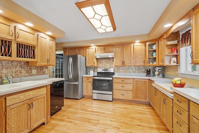 kitchen with a sink, under cabinet range hood, appliances with stainless steel finishes, light wood-style floors, and open shelves