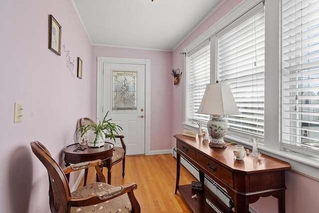 interior space with baseboards, crown molding, and light wood finished floors