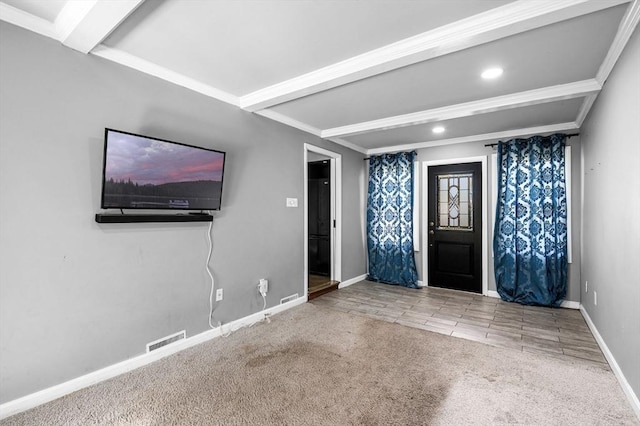 carpeted entrance foyer with baseboards, beamed ceiling, recessed lighting, and visible vents