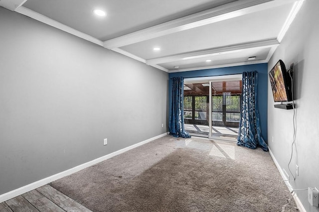 unfurnished room featuring baseboards, ornamental molding, carpet flooring, and recessed lighting