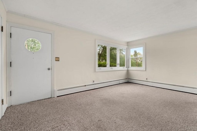 foyer entrance with carpet floors and a baseboard radiator