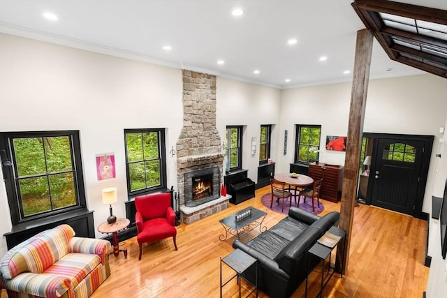 994 Centre St, Boston, MA 02130 - living area with ornamental molding, plenty of natural light, recessed lighting, light wood-style flooring, and a fireplace