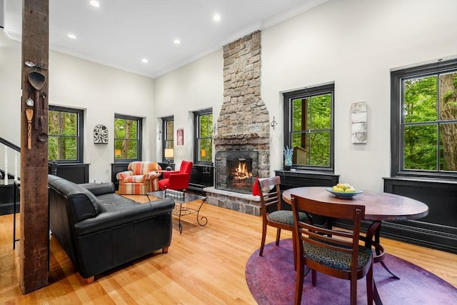 994 Centre St, Boston, MA 02130 - living room featuring a fireplace, crown molding, plenty of natural light, a high ceiling, and light wood finished floors