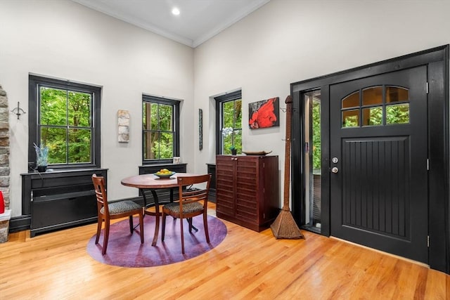 994 Centre St, Boston, MA 02130 - dining space featuring light wood finished floors, crown molding, a high ceiling, and recessed lighting