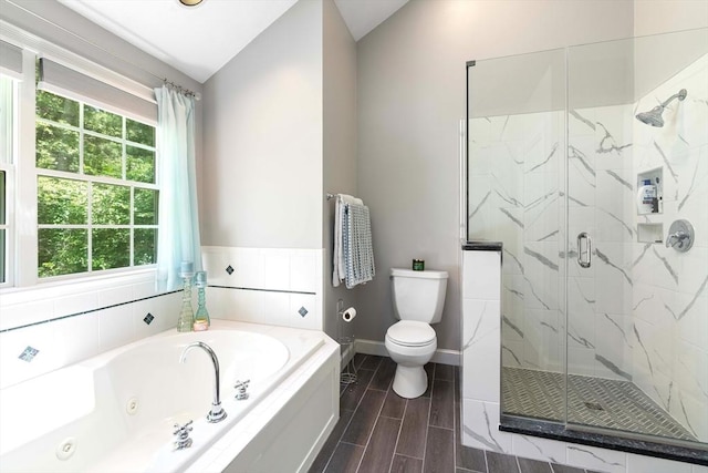 40 King Philip Dr, Rehoboth, MA 02769 - bathroom with a jetted tub, toilet, a marble finish shower, plenty of natural light, and vaulted ceiling