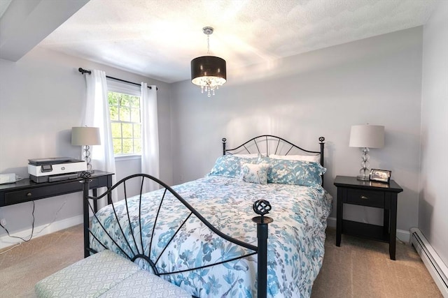 40 King Philip Dr, Rehoboth, MA 02769 - bedroom with a baseboard radiator, carpet floors, baseboards, a textured ceiling, and a chandelier