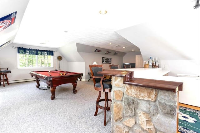 40 King Philip Dr, Rehoboth, MA 02769 - recreation room featuring vaulted ceiling, carpet flooring, billiards table, baseboard heating, and baseboards