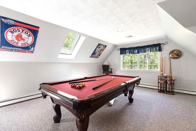 40 King Philip Dr, Rehoboth, MA 02769 - game room featuring carpet floors, vaulted ceiling, pool table, a skylight, and a textured ceiling