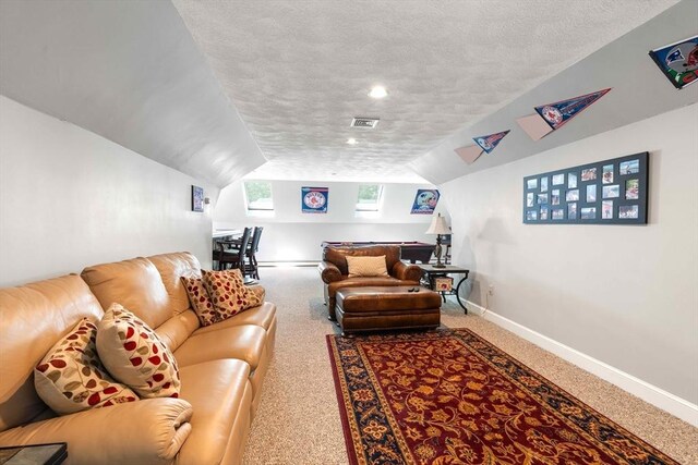 40 King Philip Dr, Rehoboth, MA 02769 - carpeted living area featuring a textured ceiling, lofted ceiling, and baseboards