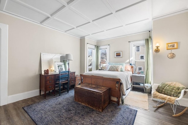 bedroom featuring coffered ceiling and dark hardwood / wood-style floors