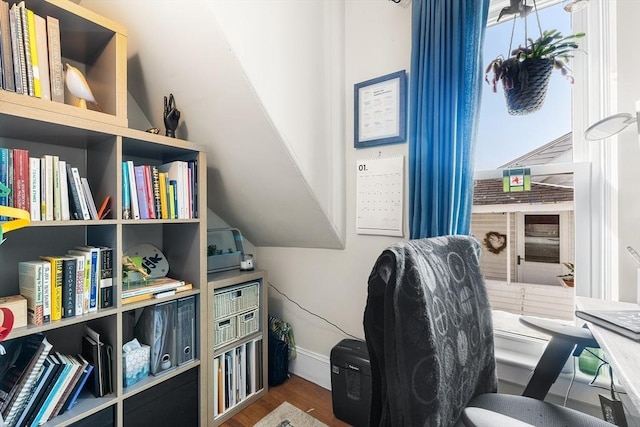 office space featuring lofted ceiling and dark hardwood / wood-style flooring