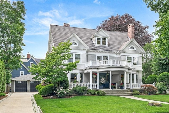5 Stratford Rd, Winchester, MA 01890 - view of front facade with a balcony, a porch, a chimney, and a front lawn