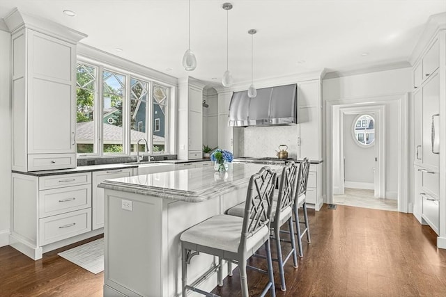 5 Stratford Rd, Winchester, MA 01890 - kitchen featuring ventilation hood, a sink, decorative backsplash, a center island, and dark wood-type flooring