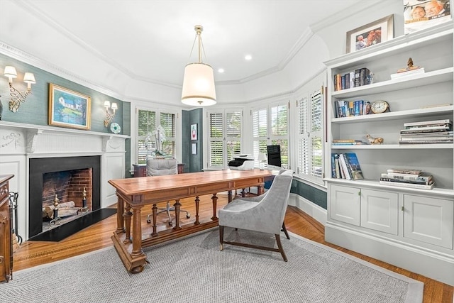 5 Stratford Rd, Winchester, MA 01890 - office area featuring crown molding, light wood-style floors, a fireplace, recessed lighting, and baseboards