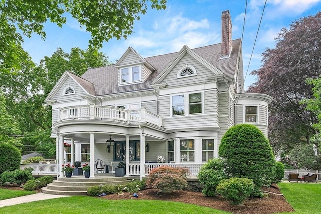 5 Stratford Rd, Winchester, MA 01890 - view of front of property featuring a balcony, covered porch, a chimney, and a front yard