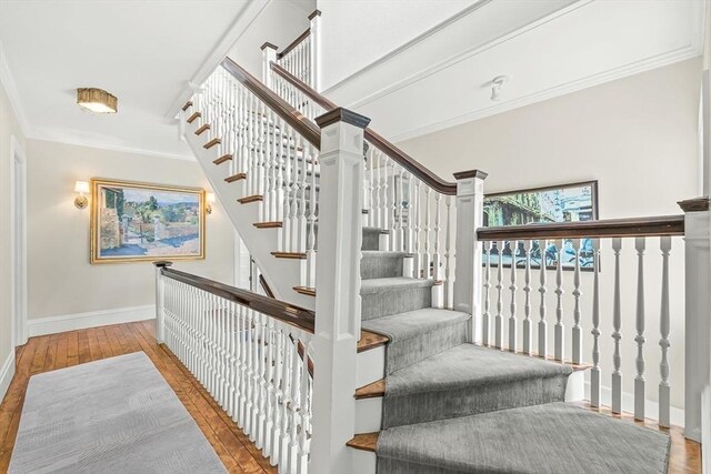 5 Stratford Rd, Winchester, MA 01890 - stairs featuring ornamental molding, baseboards, and hardwood / wood-style flooring