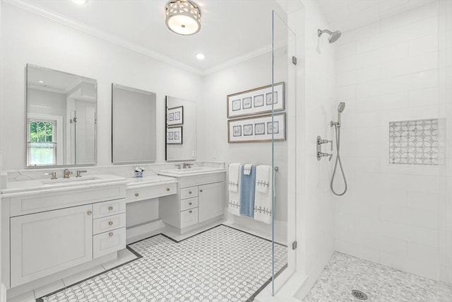 5 Stratford Rd, Winchester, MA 01890 - full bathroom featuring tiled shower, vanity, and crown molding