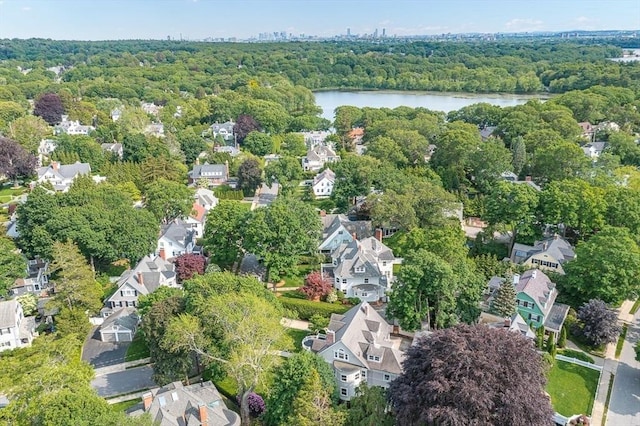 5 Stratford Rd, Winchester, MA 01890 - aerial view of property's location featuring a large body of water, a heavily wooded area, and nearby suburban area