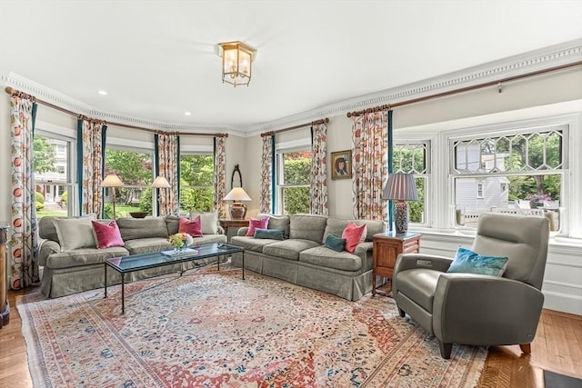 5 Stratford Rd, Winchester, MA 01890 - living room with healthy amount of natural light, wood finished floors, crown molding, and recessed lighting