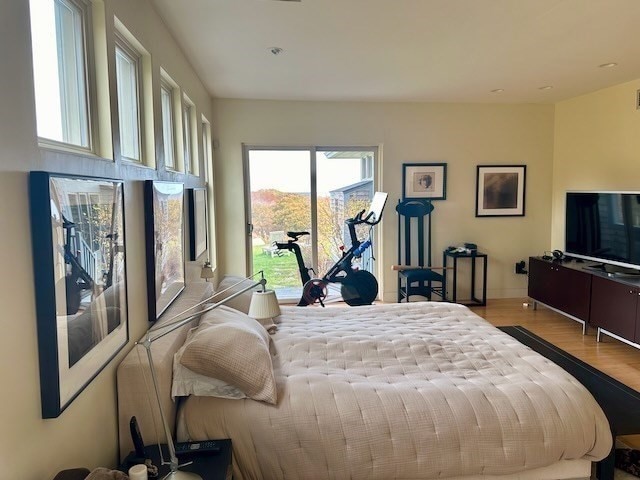 bedroom with hardwood / wood-style flooring and multiple windows