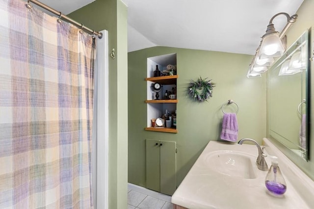 12 Clarner Rd, Lynn, MA 01904 - full bathroom with tile patterned flooring, lofted ceiling, vanity, and curtained shower