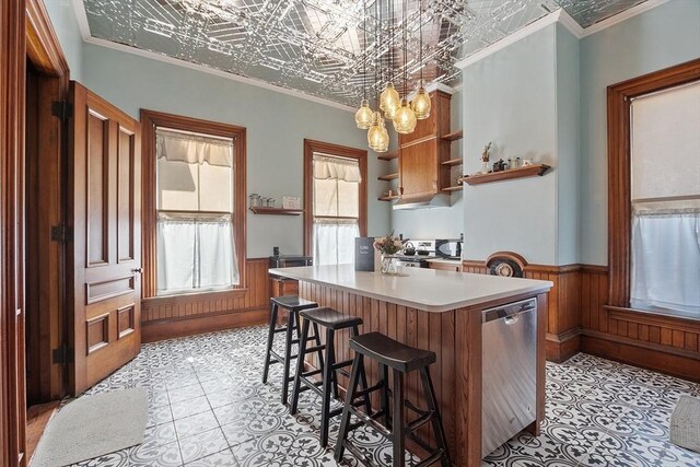 4 W Broadway, Gardner, MA 01440 - kitchen with open shelves, a notable chandelier, a wainscoted wall, an ornate ceiling, and stainless steel dishwasher