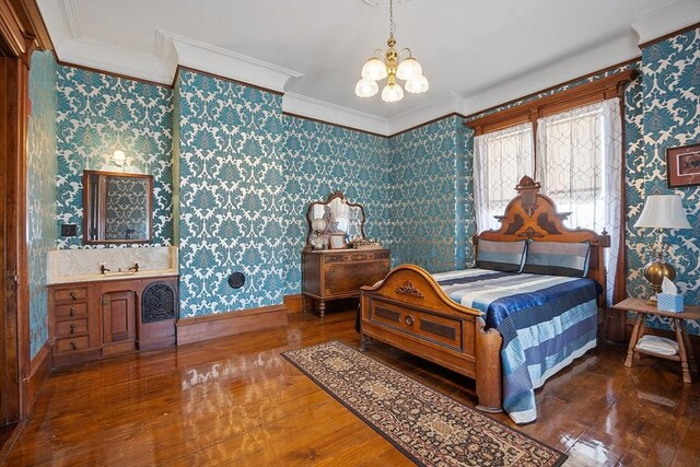 4 W Broadway, Gardner, MA 01440 - bedroom with crown molding, wood-type flooring, an inviting chandelier, and wallpapered walls