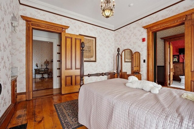4 W Broadway, Gardner, MA 01440 - bedroom with crown molding, wallpapered walls, an inviting chandelier, and hardwood / wood-style flooring