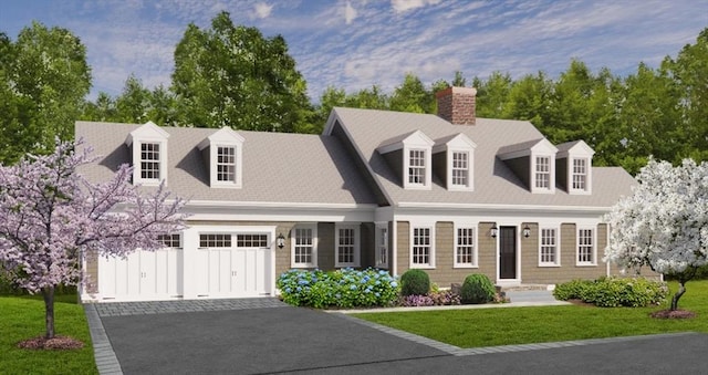6 Revolutionary Rd, Lexington, MA 02421 - cape cod-style house with a chimney, a front yard, aphalt driveway, and a garage