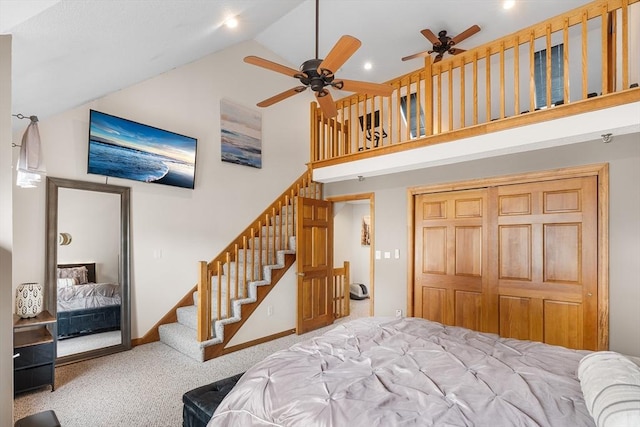 36 Tobey Rd Unit 25, Dracut, MA 01826 - carpeted bedroom featuring high vaulted ceiling, a closet, baseboards, a ceiling fan, and recessed lighting