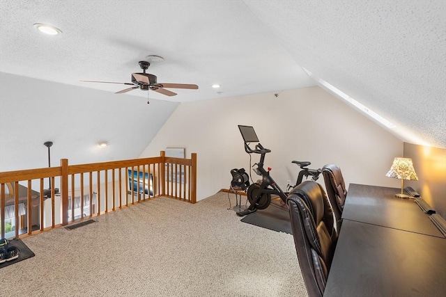 36 Tobey Rd Unit 25, Dracut, MA 01826 - workout area with ceiling fan, lofted ceiling, carpet flooring, and a textured ceiling