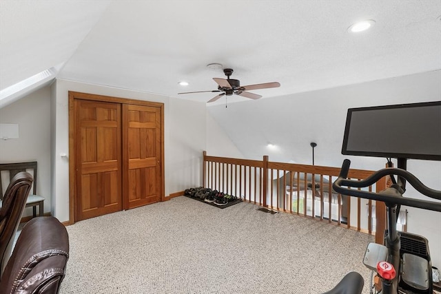 36 Tobey Rd Unit 25, Dracut, MA 01826 - workout area featuring a ceiling fan, vaulted ceiling, carpet flooring, and recessed lighting