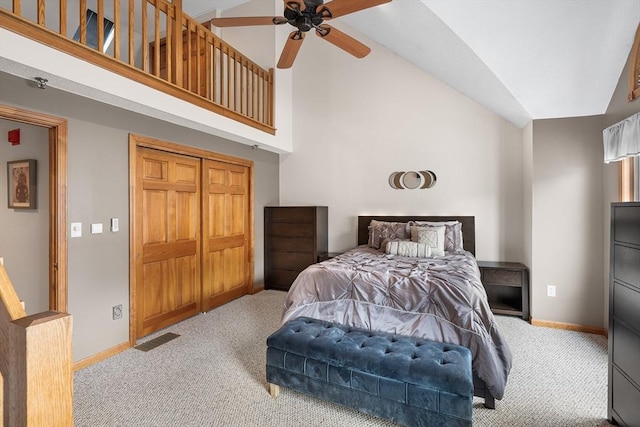 36 Tobey Rd Unit 25, Dracut, MA 01826 - carpeted bedroom featuring high vaulted ceiling, baseboards, a ceiling fan, and a closet