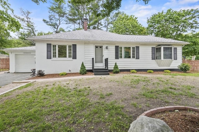 114 Linebrook Rd, Ipswich, MA 01938 - ranch-style home with an attached garage, a chimney, driveway, and entry steps