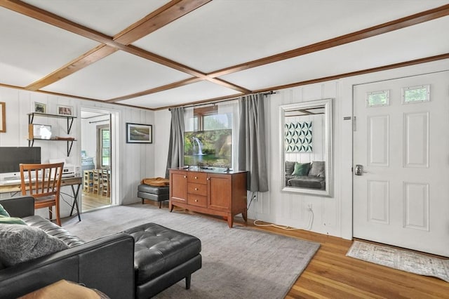 114 Linebrook Rd, Ipswich, MA 01938 - living room with light wood-type flooring, coffered ceiling, and beamed ceiling
