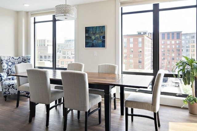 121 Portland St Unit 902, Boston, MA 02114 - dining room featuring plenty of natural light, wood finished floors, a city view, and a wall of windows